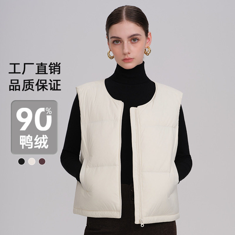 2025新款羽绒马甲女无领圆领加厚马夹内胆背心女修身坎肩90白鸭绒
