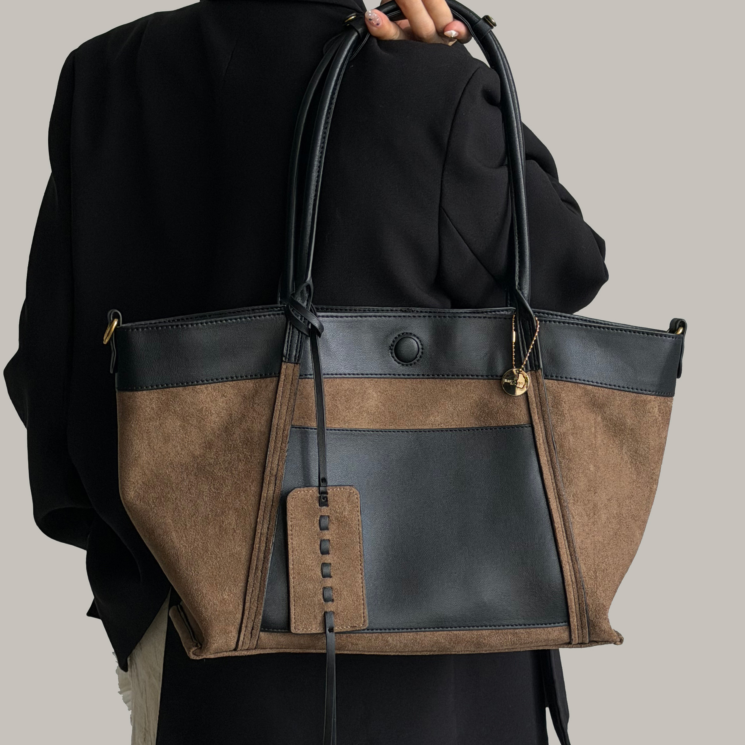 RANU【山茶左岸】复古绒面拼接托特包通勤百搭大容量电脑包单肩包,箱包皮具/热销女包/男包,托特包,淘宝优惠券,粉丝福利购,淘宝优惠卷