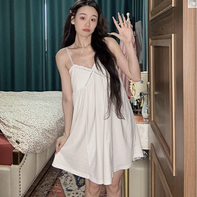 吊带睡裙战袍爆款2026女夏季纯棉薄款带胸贴纯欲风法式家居服睡衣
