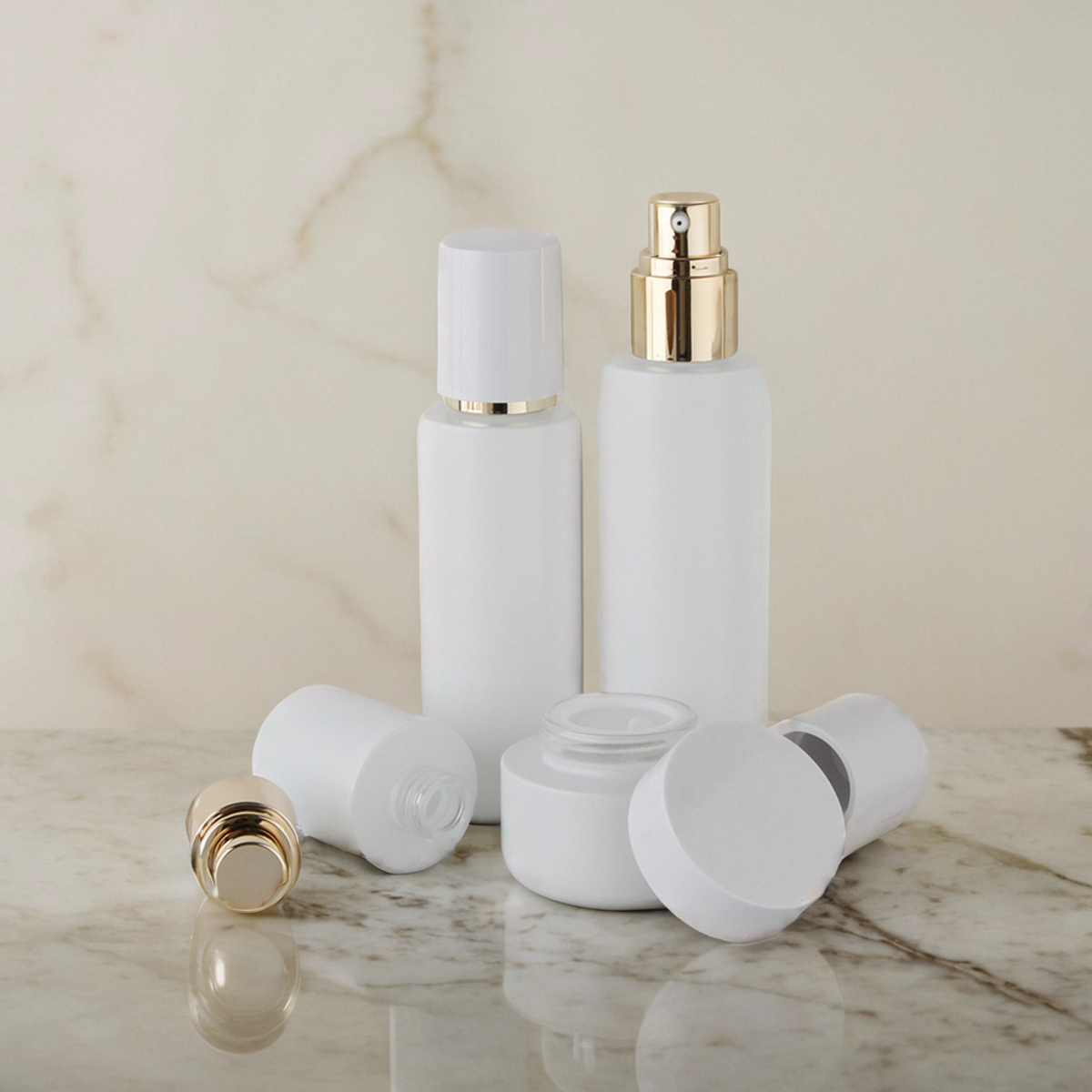 HOPECK白全塑盖韩系套系喷白玻璃瓶按压水乳精华按压乳液泵膏霜瓶,彩妆/香水/美妆工具,化妆/美容工具,淘宝优惠券,粉丝福利购,淘宝优惠卷