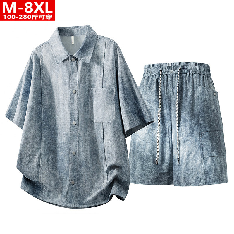 夏季潮男时尚仿牛仔印花短袖衬衫五分裤大码加肥宽松运动休闲套装