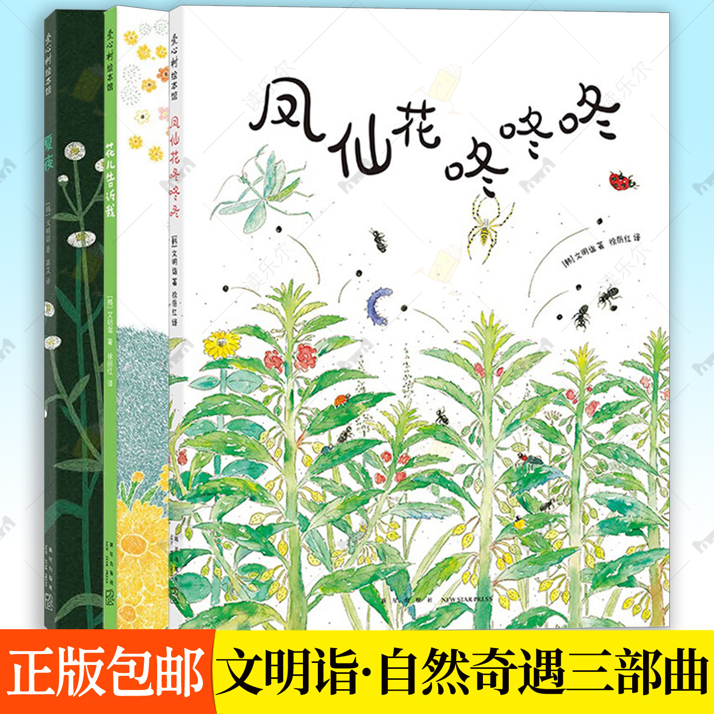 文明诣作品选全3册 凤仙花咚咚咚 花儿告诉我 夏夜 3-6岁儿童文学图画绘本读物 韩国文学作品自然奇遇三部曲书籍