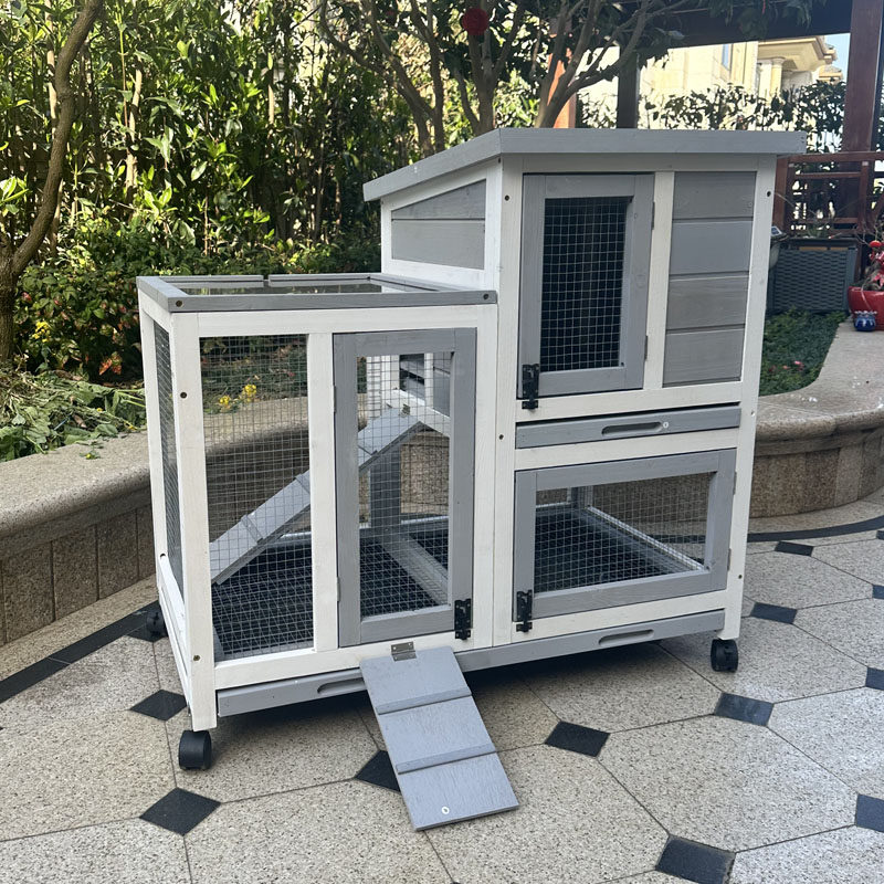 户外宠物笼兔笼鸡笼鸽子笼屋顶防雨网格隔板塑胶抽屉二层木养殖笼