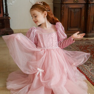 女童爱丽儿生日公主裙2026新款春秋女孩连衣裙粉色儿童绝美礼服裙