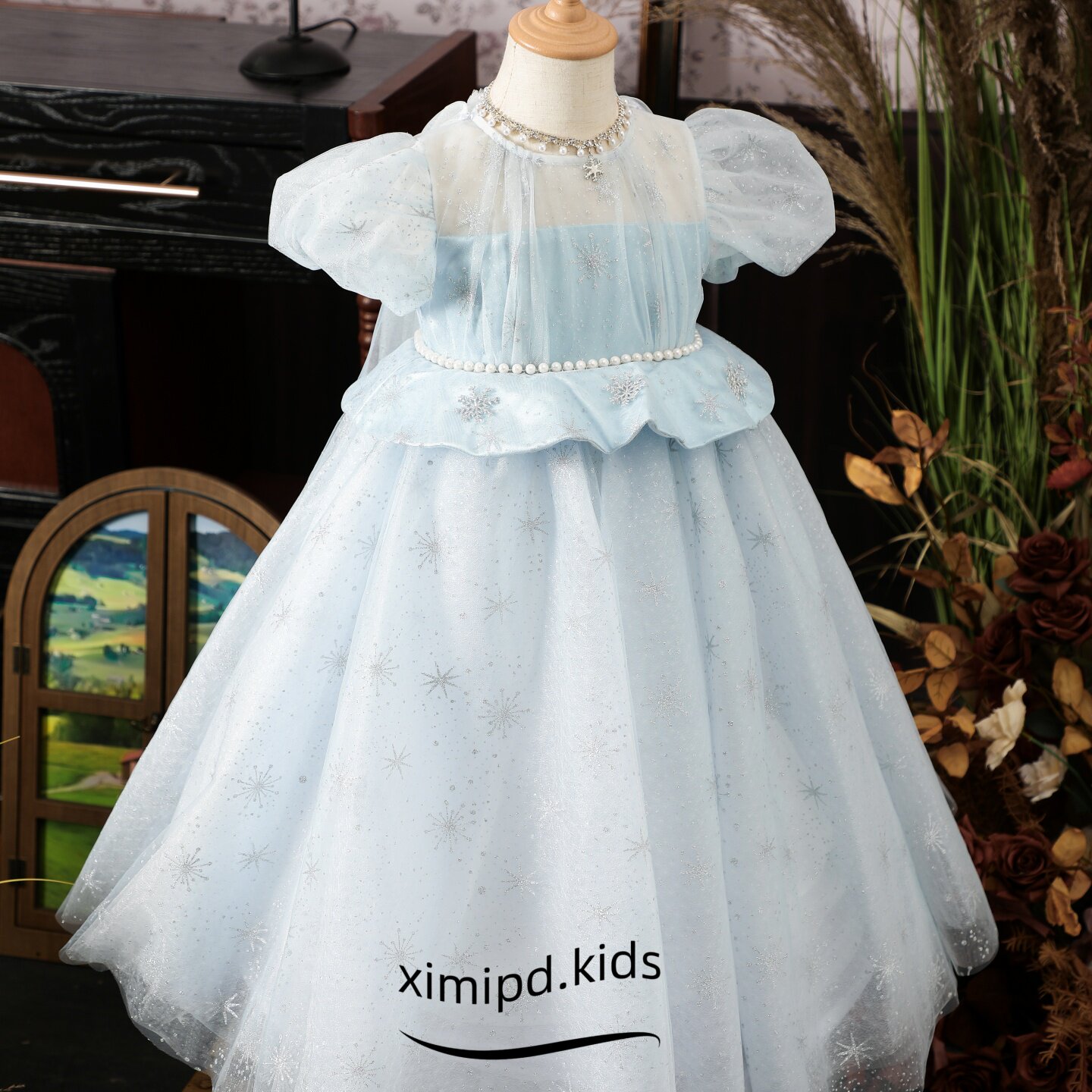 短袖夏季新款公主裙女童爱莎艾莎蓝色网纱蓬蓬连衣裙儿童生日礼服