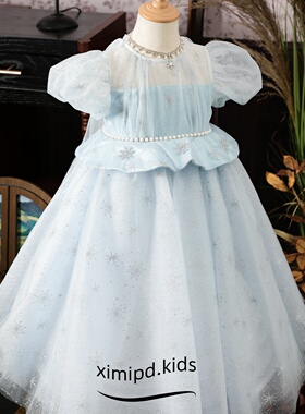 短袖夏季新款公主裙女童爱莎艾莎蓝色网纱蓬蓬连衣裙儿童生日礼服