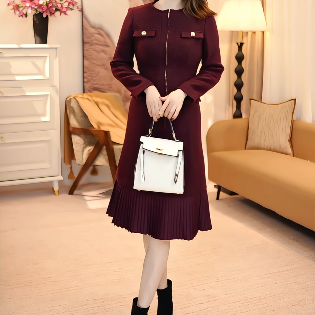 显瘦拉链长袖套头款秋冬连衣裙礼服中长款冬季气质  86080