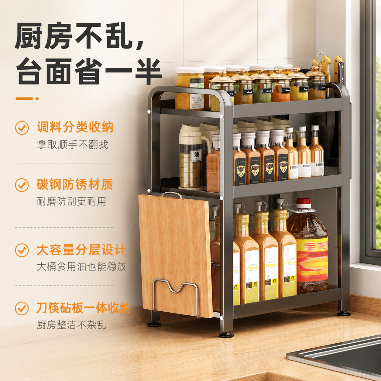 厨房调料架置物架多功能酱醋茶盐瓶罐刀筷砧板收纳架调味品置物架