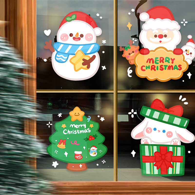 圣诞节卡通装饰橱窗玻璃门静电贴纸店铺装扮圣诞老人窗花贴画氛围