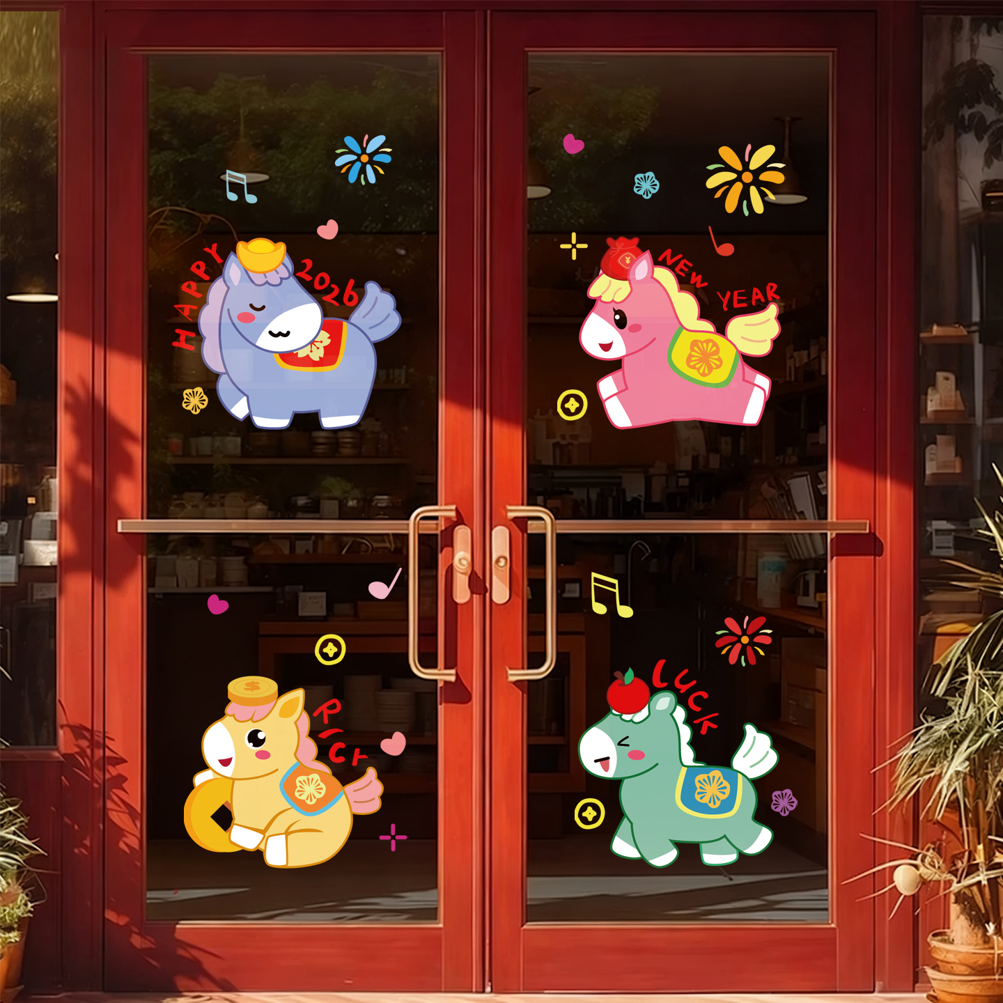 新年元旦装饰玻璃贴春节橱窗可爱贴纸2026马年节日氛围布置静电贴