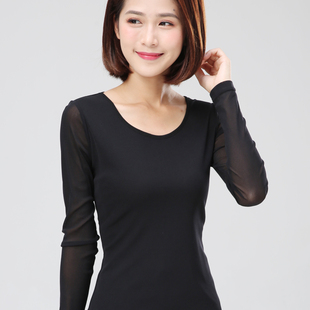 加大码加绒网纱打底衫女长袖秋冬2020年百搭T恤修身显瘦常规纱衣