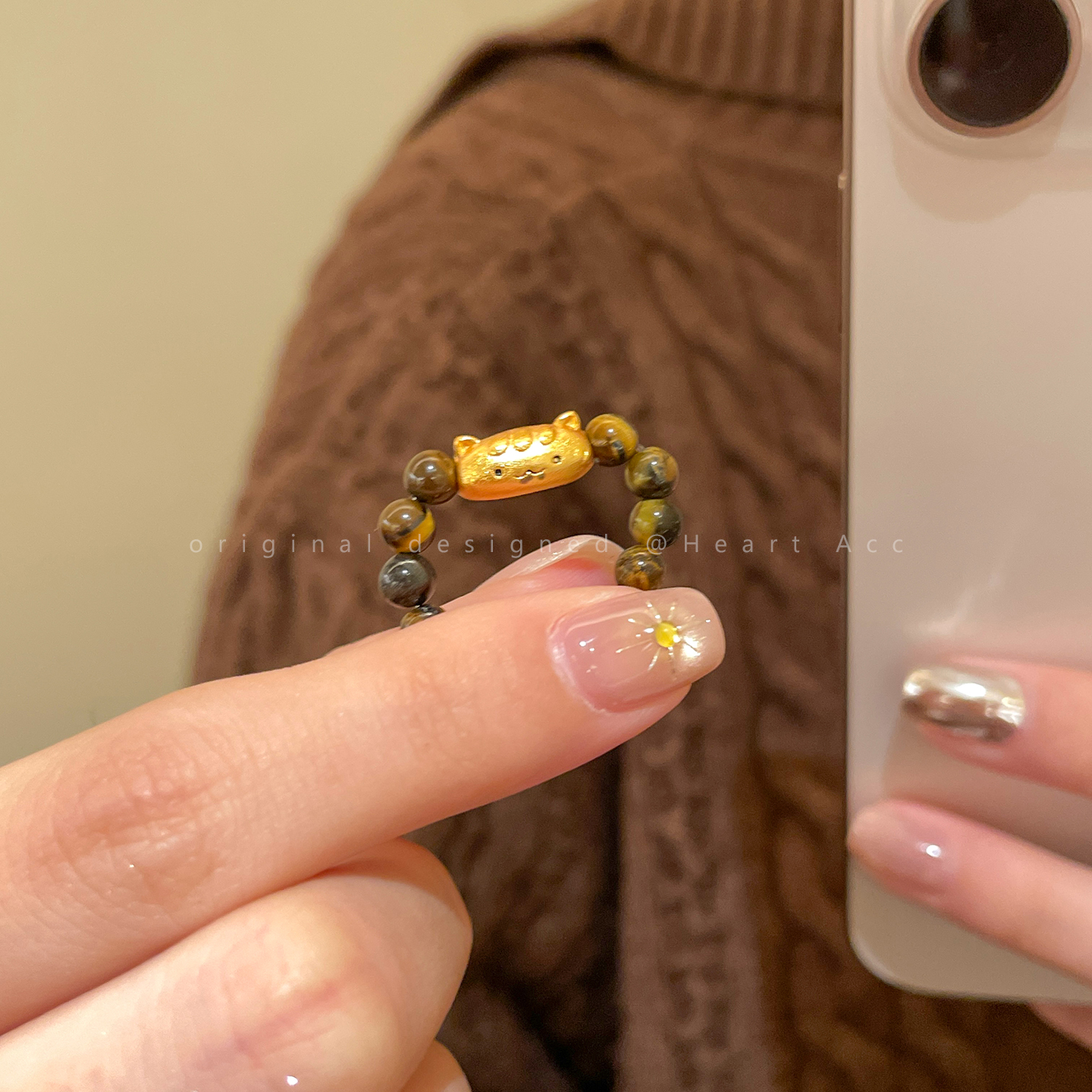 招财法棍喵~猫咪铜钱虎眼石戒指女轻奢小众高级感食指戒叠戴指环