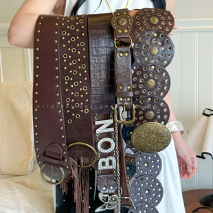 美式 饰美拉德铆钉腰封 西部风棕色宽腰带女复古废土风皮带配裙子装