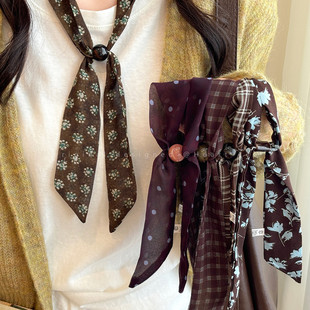 复古咖绿色碎花丝巾项链女小众抽拉式长款秋冬毛衣链时髦百搭配饰