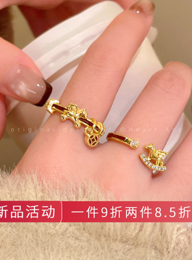 锆石木马开口戒指女小众独特童趣设计金色指环2025新款秋冬食指戒