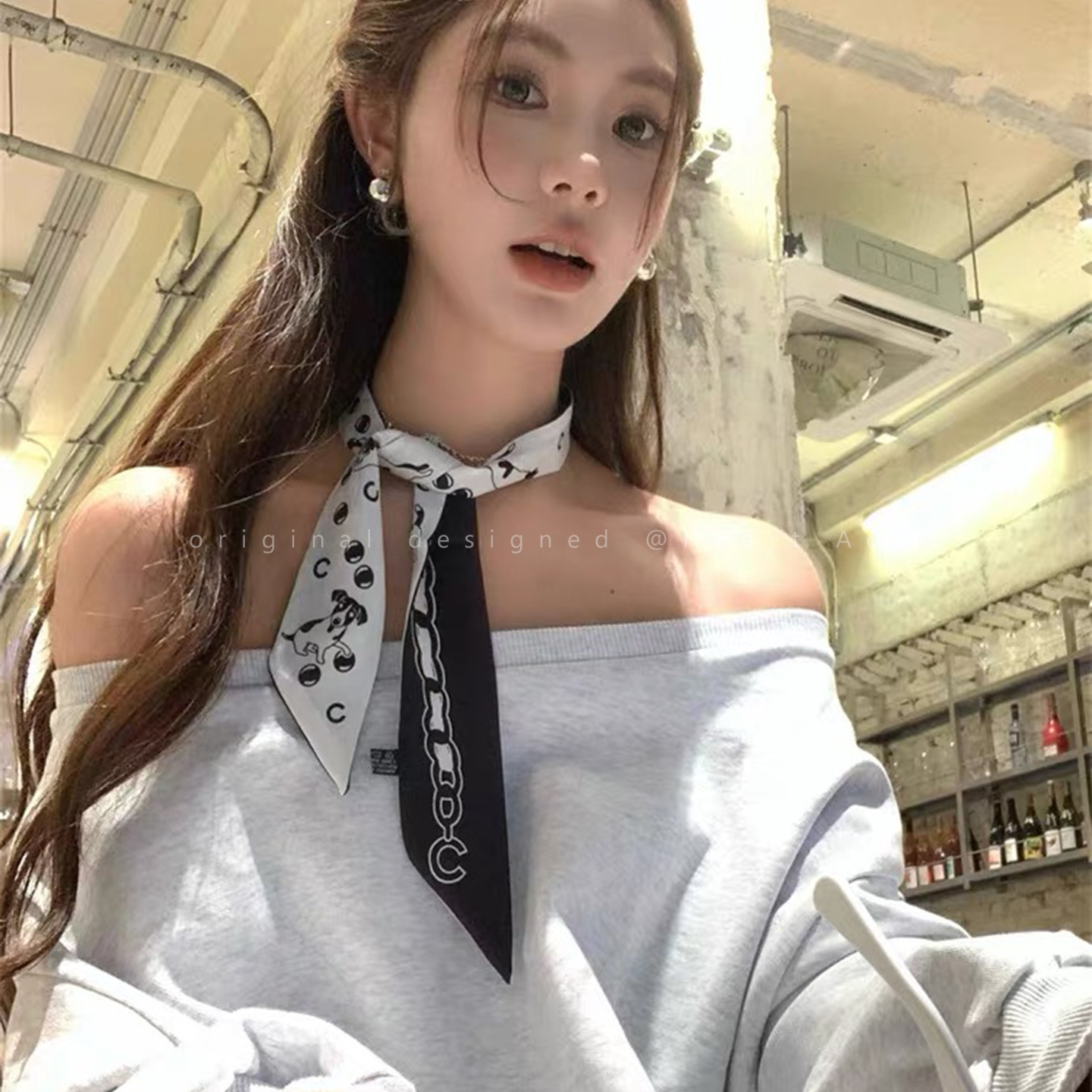 法式黑白小狗飘带丝巾女ins小众高级丝带领巾氛围感气质发带围巾