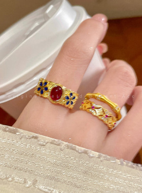 宫廷风中古金色珐琅竹节戒指女轻奢小众高级感食指戒复古叠戴指环