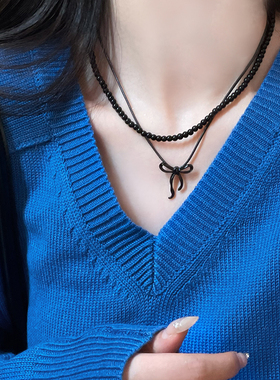 黑色串珠蝴蝶结皮绳项链女2025新款叠戴锁骨链小众设计高级感颈链