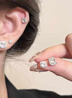 爆闪方钻锆石银针耳钉女轻奢小众精致高级感耳环2025新款爆款耳饰