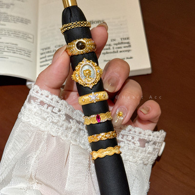 vintage 中古风金色镂空蕾丝戒指女轻奢宫廷风开口叠戴指环食指戒