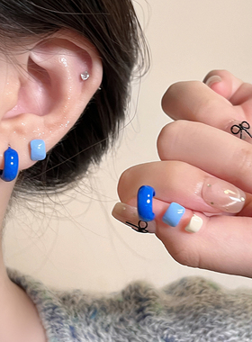 蓝色滴釉方形耳钉套装女小众设计感独特耳环耳圈简约百搭气质耳饰