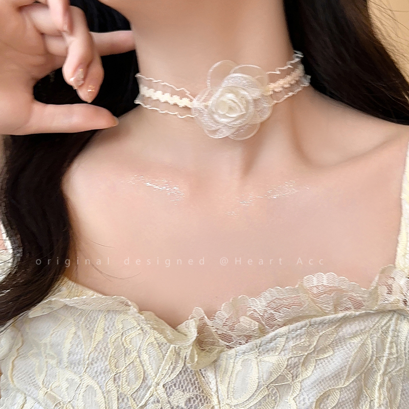 白色山茶花蕾丝颈带女2025新款裙子仙气项链锁骨链choker颈链配饰