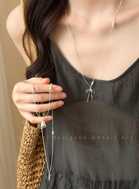 韩系ins风银色蝴蝶结珍珠项链女高级感小众设计锁骨链配裙子配饰