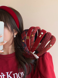 酒红色植绒海绵珍珠发箍女高颅顶洗脸头箍新年喜庆高级感头饰发饰