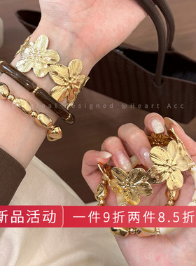 Vintage古着金色花朵手镯套装女复古轻奢高级感叠戴气质手环手饰