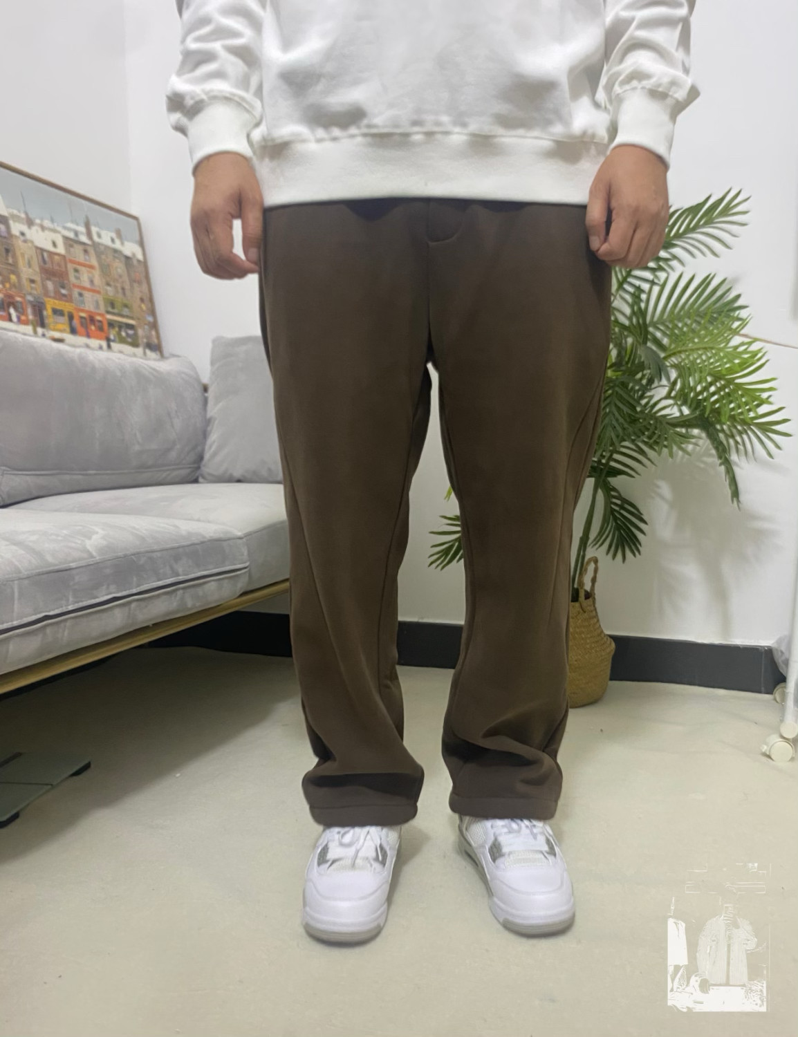秋冬搭配AJ裤子男解构直筒垂感咖色加绒卫裤男款宽松休闲长裤潮牌