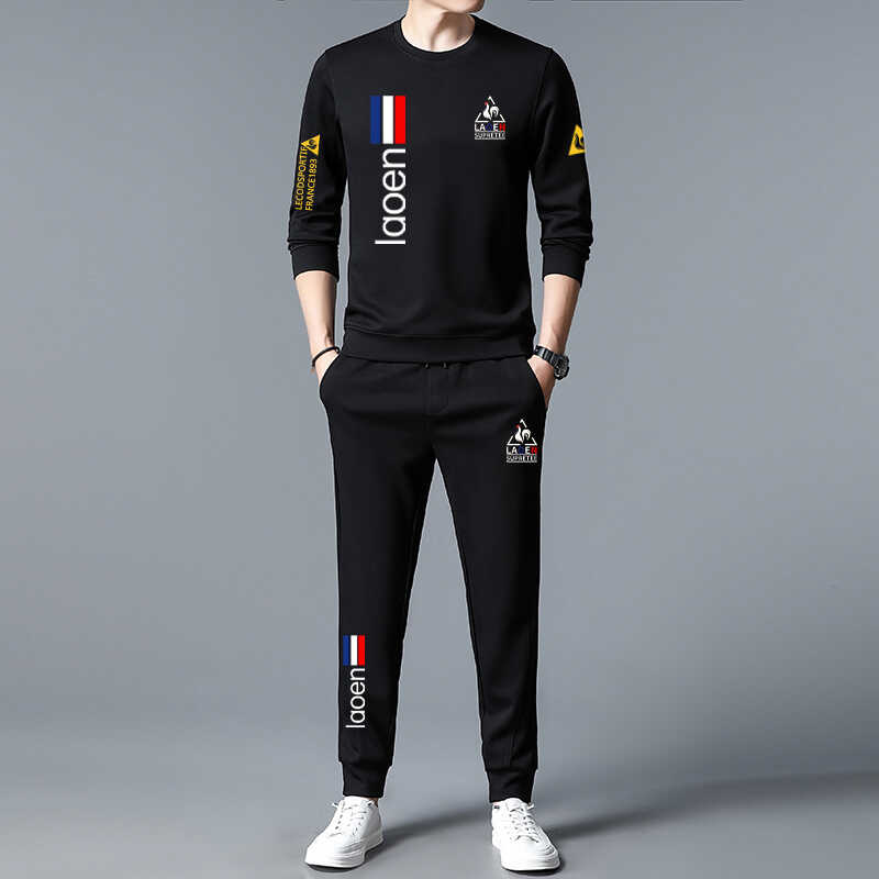 休闲套装男秋冬款加绒加厚男装圆领卫衣拉链口袋卫裤运动服两件套