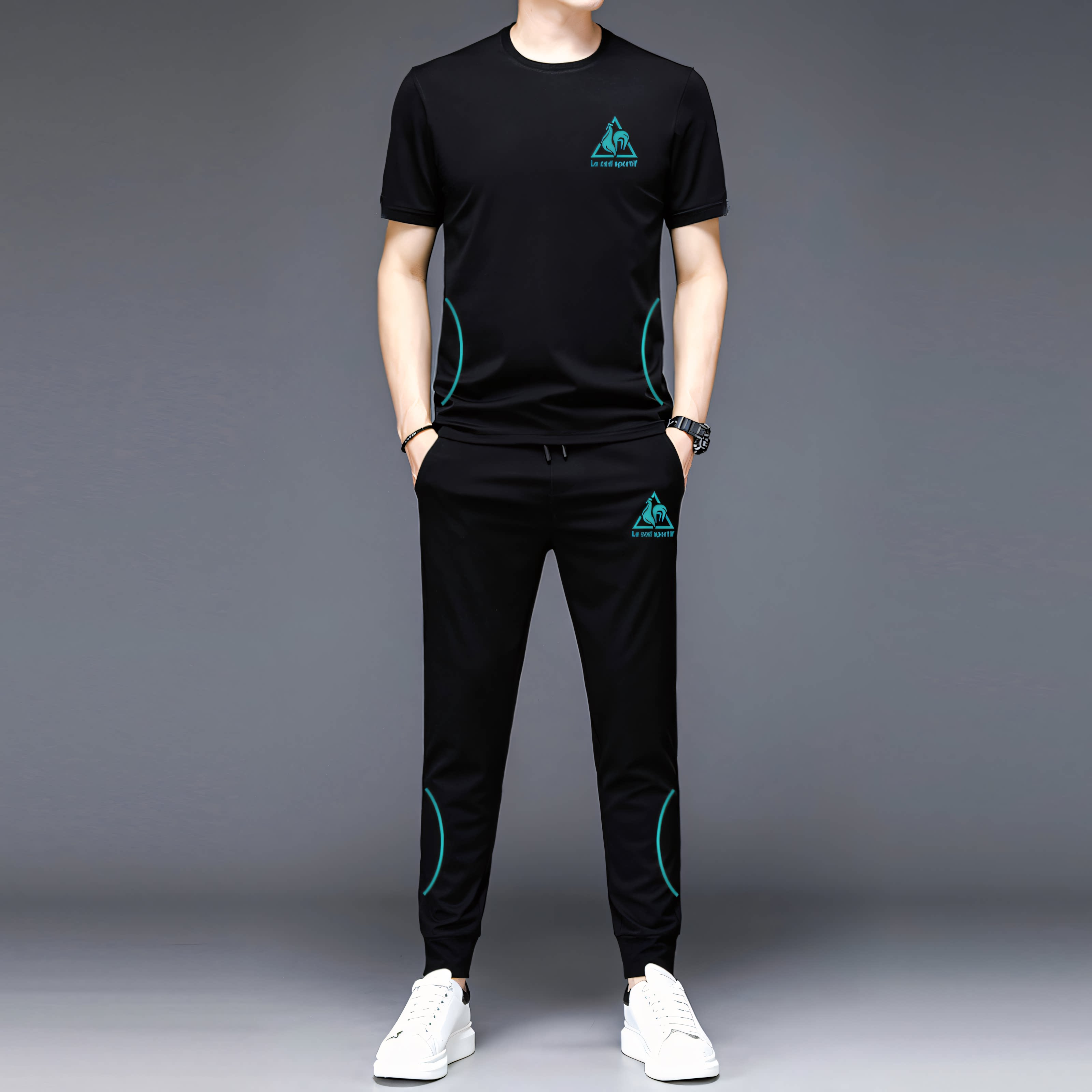 夏季潮牌冰丝男士短袖长裤运动套装纯棉休闲宽松圆领t恤两件套男