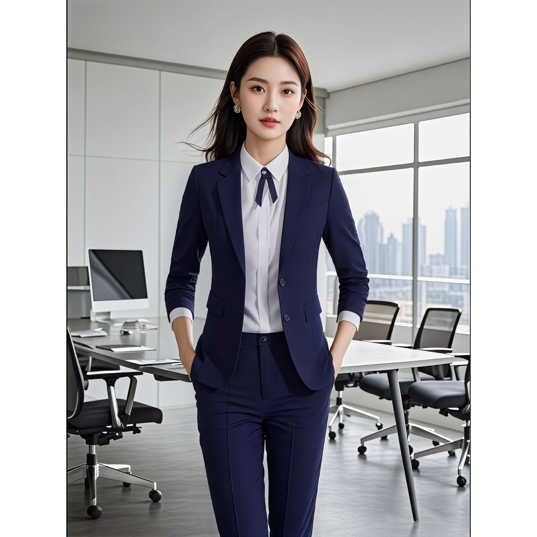 商务风深蓝色西装套装男女修身正装高端职业面试西服外套