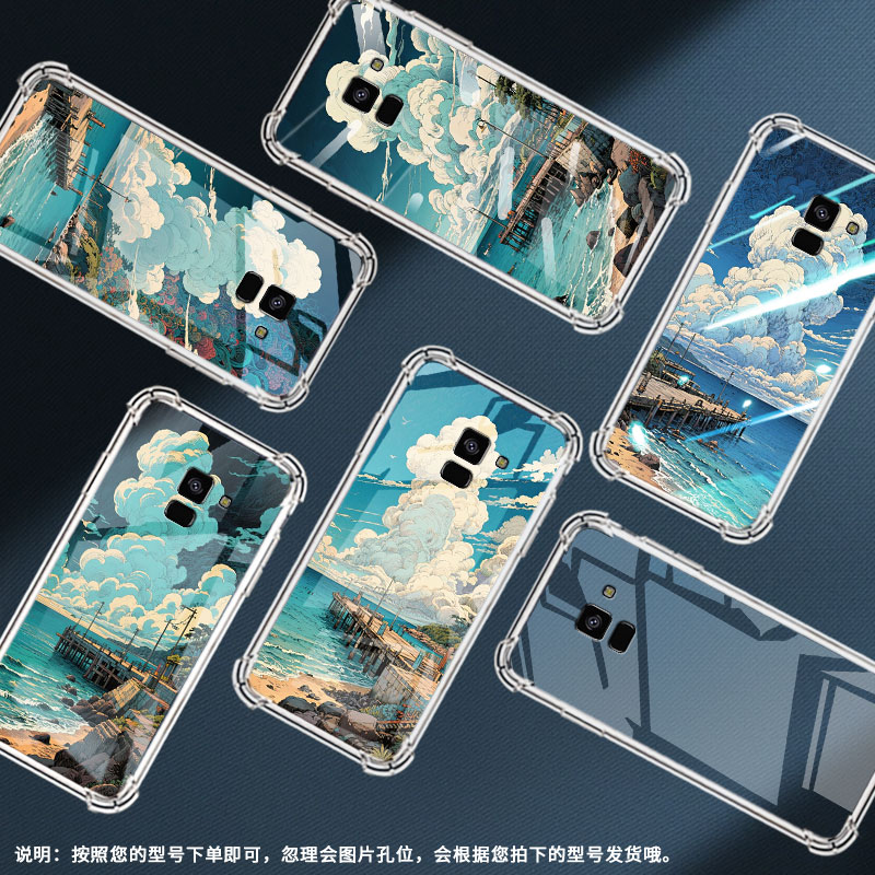 适用三星A8star气囊壳三星A7海边礁石四角防摔GalaxyA6Plus2018手机壳商务简约三星A8高级感全包边保护套