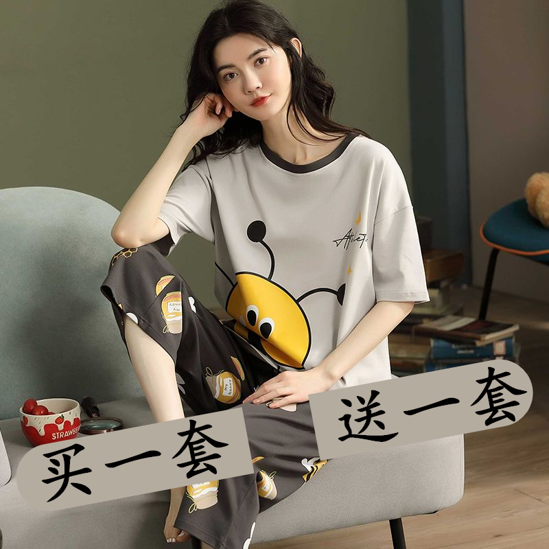 睡衣女夏季纯棉短袖七分裤韩版可外穿春秋薄款学生家居服两件套装