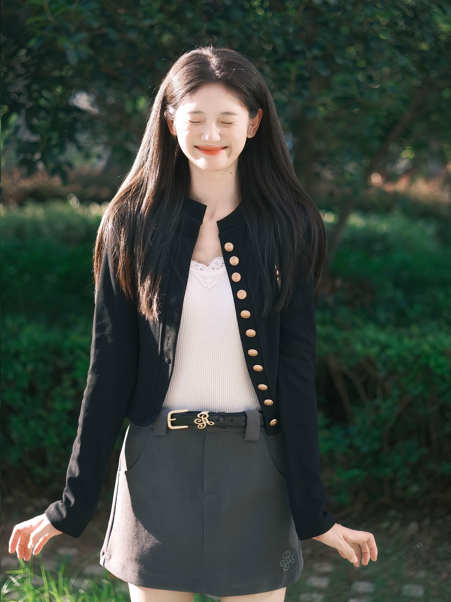 miu Tweed Style Knitting Cardigan Outwear Women's Early Autumn Black Fancy Long sleeves silm Slim Looking Short Tops