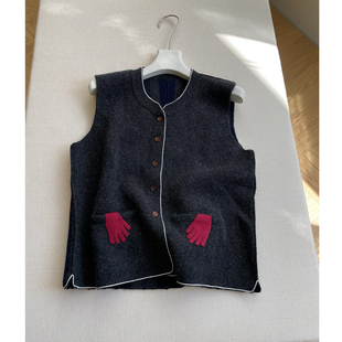 早秋新款 羊绒羊毛俏皮红色手套烟灰色针织背心女上衣
