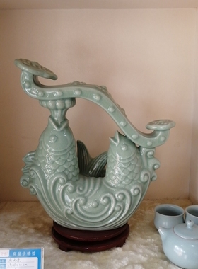 原产地汝州汝瓷摆件鱼如意豆绿釉送礼高端礼品