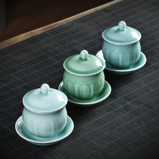 青瓷供杯莲瓣圣水杯陶瓷佛前供奉小杯子贡杯禅意净水杯带盖带底座