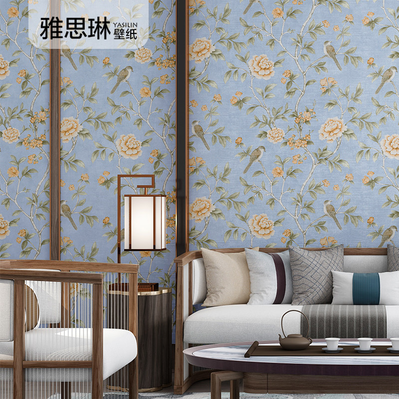 新中式壁纸无纺布田园花鸟大花金黄色中国风客厅卧室复古墙纸背景