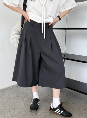 鹿西日系休闲西装八分短裤女夏季新款通勤压褶宽松阔腿直筒裤1876