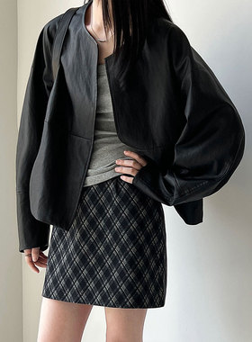 鹿西 短款宽松pu夹克老钱风外套女春季新款极简休闲飞行皮衣9781