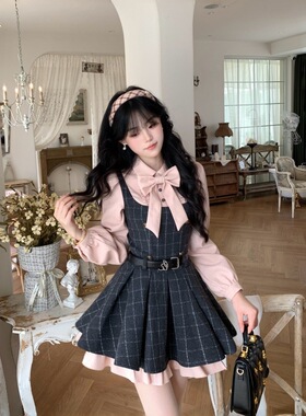 大码微胖mm少女感蝴蝶结衬衫格纹毛呢收腰显瘦蓬蓬百褶连衣裙短裙