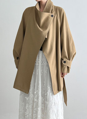 鹿西 复古气质高级感廓形大衣女26春新款荷叶大翻领风衣外套3770