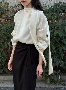 鹿西 法式温柔立领飘带长袖衬衫女2026早春新款气质百搭衬衣89021