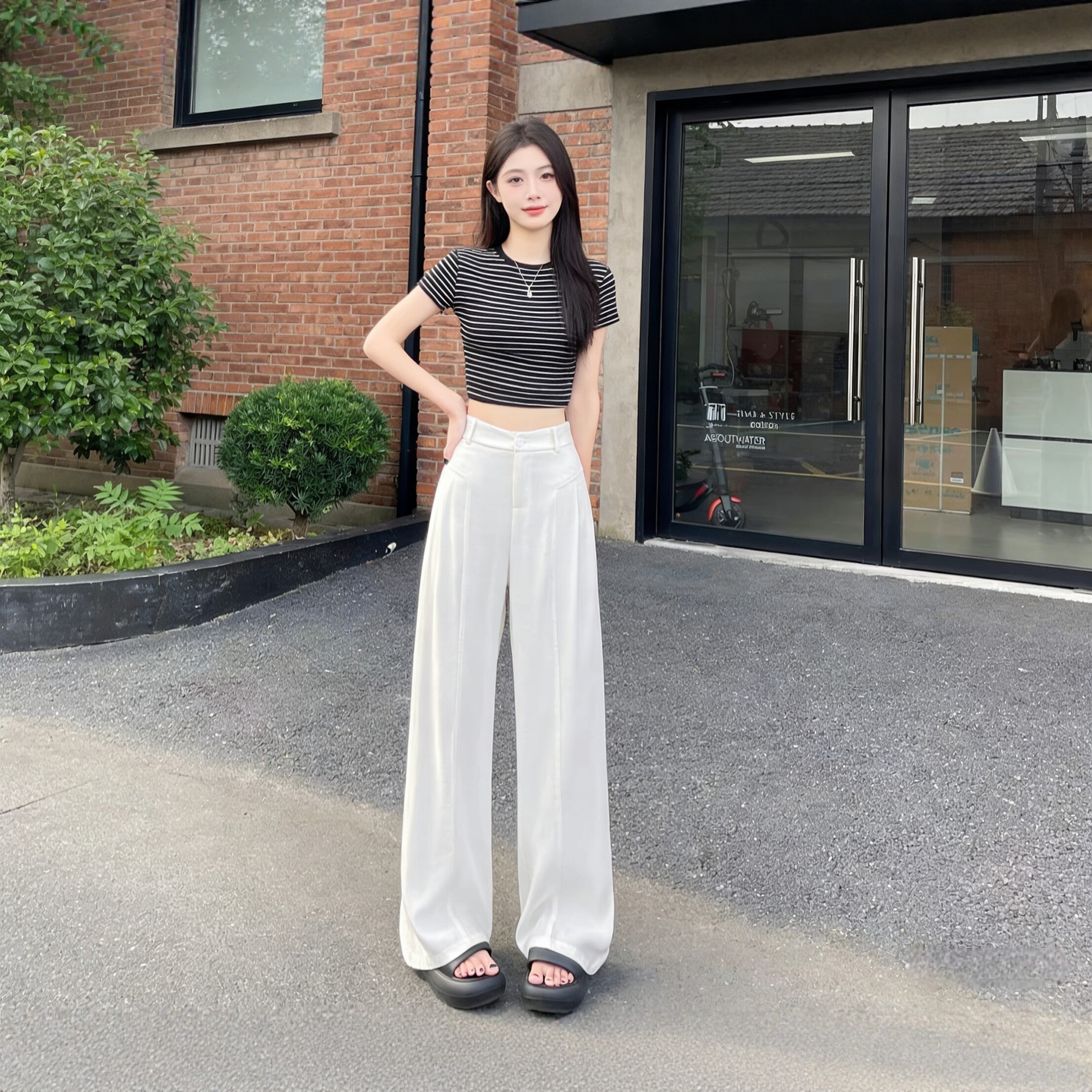 藏青色亚麻西装裤子女夏季薄款慵懒松弛感休闲垂感天丝棉麻阔腿裤