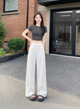 藏青色亚麻西装裤子女夏季薄款慵懒松弛感休闲垂感天丝棉麻阔腿裤