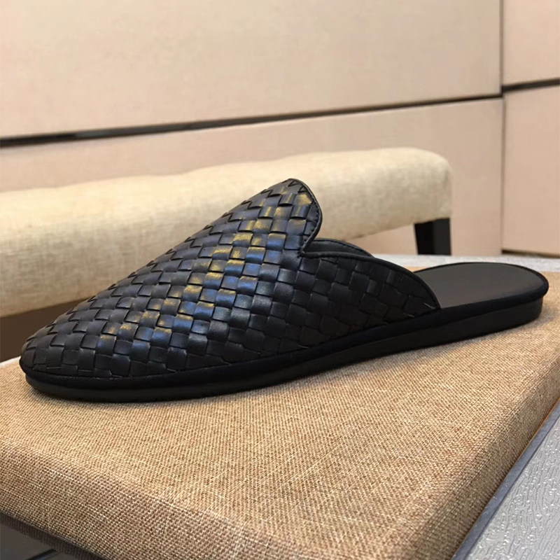 拖鞋男夏季新款半拖鞋真皮凉鞋时尚编织包头男鞋潮牌室内室外穿鞋