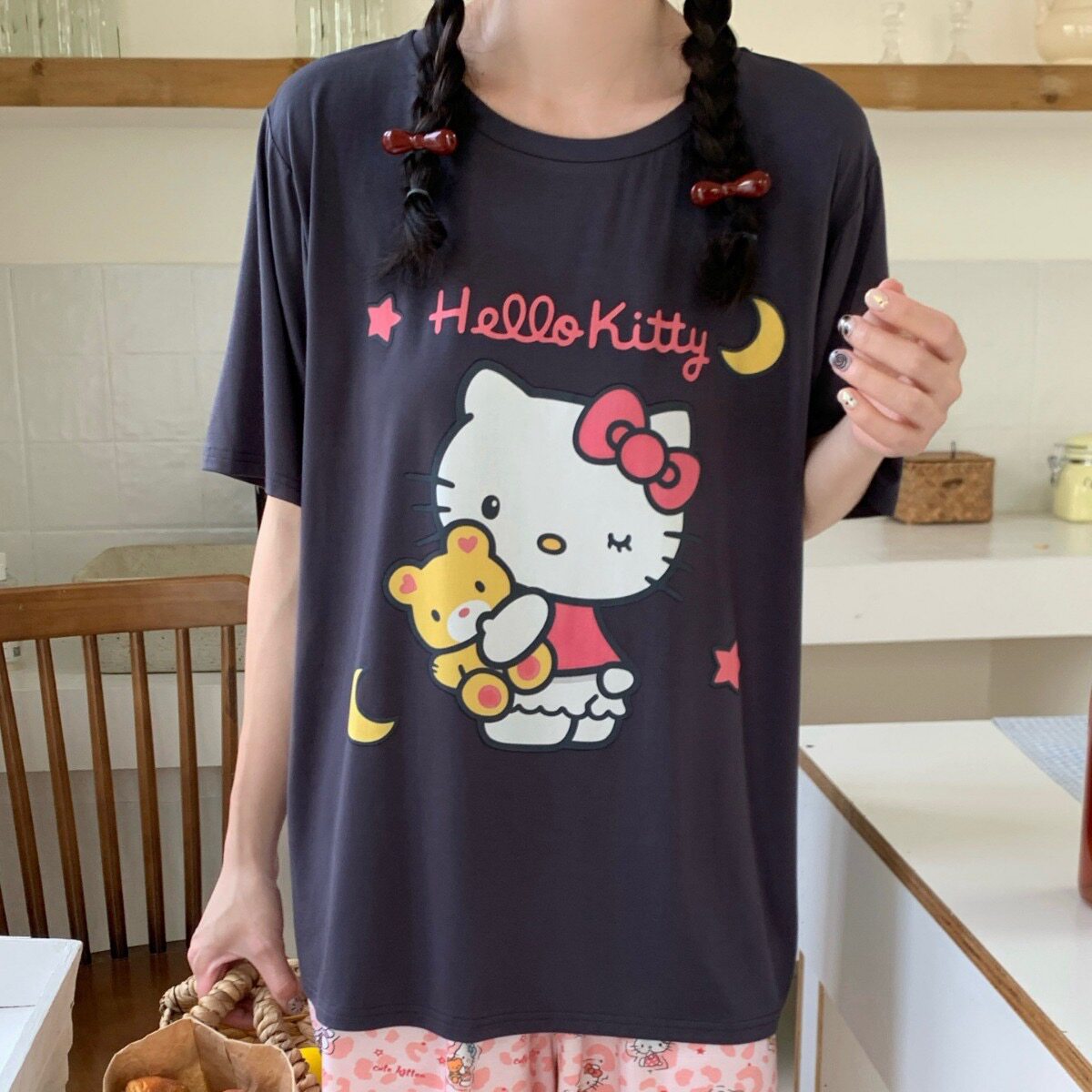 Reefur Rinka梨花家夏季睡衣女莫代尔晚安KT卡通印花短袖短裤套装