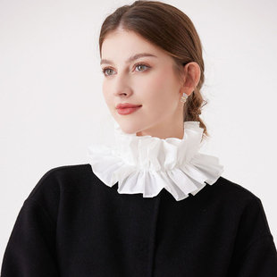 法式新款白色棉质百褶衬衫小单领假领子百搭气质女围脖荷叶边立领